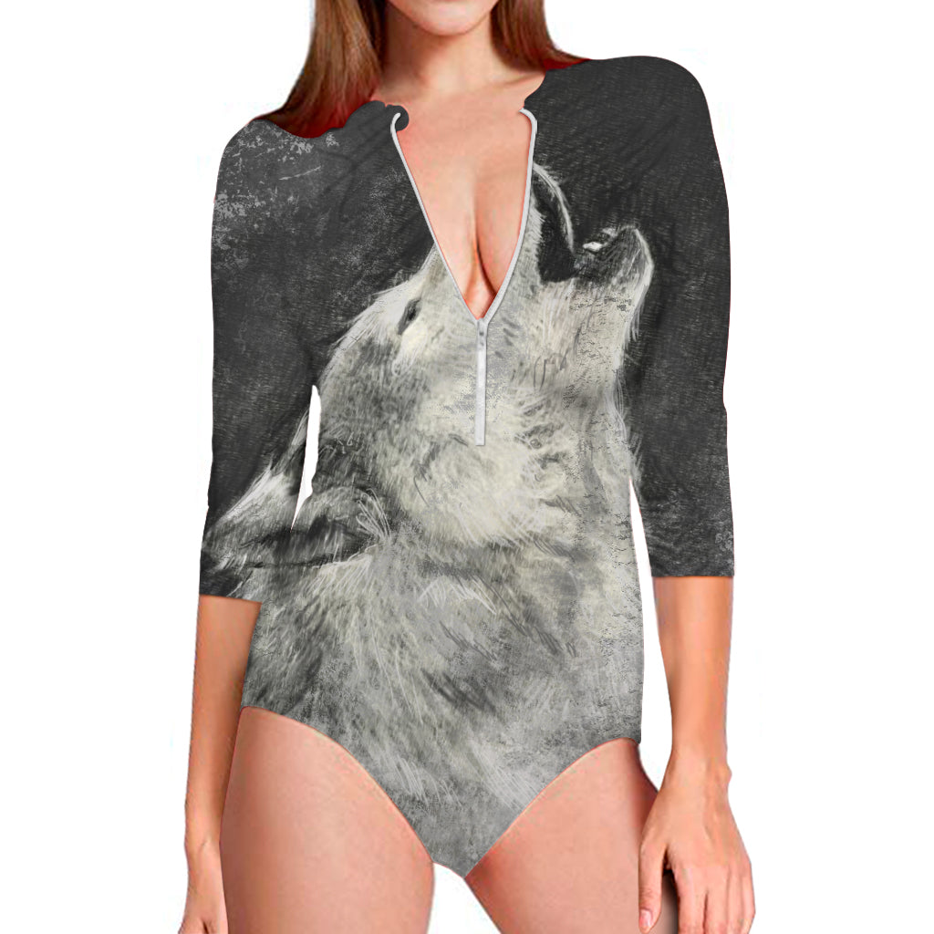 Monochrome Howling Wolf Print Long Sleeve Swimsuit