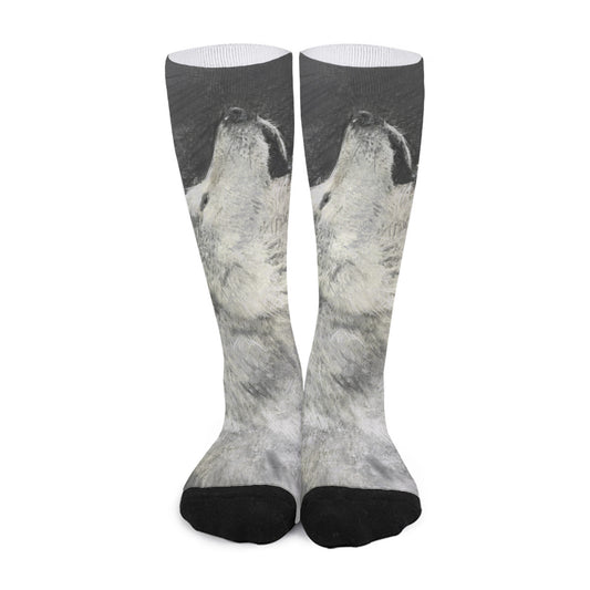 Monochrome Howling Wolf Print Long Socks