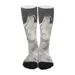 Monochrome Howling Wolf Print Long Socks