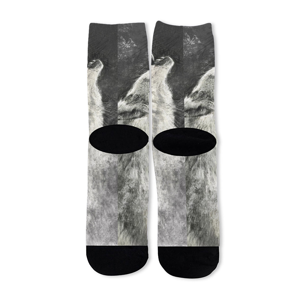 Monochrome Howling Wolf Print Long Socks