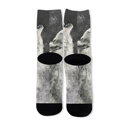 Monochrome Howling Wolf Print Long Socks