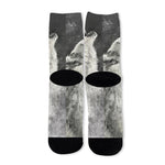 Monochrome Howling Wolf Print Long Socks