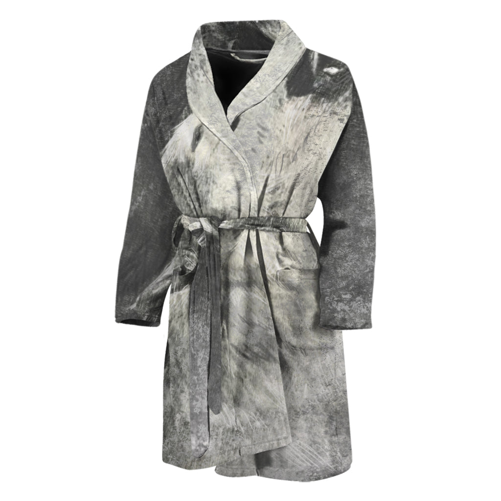 Monochrome Howling Wolf Print Men's Bathrobe