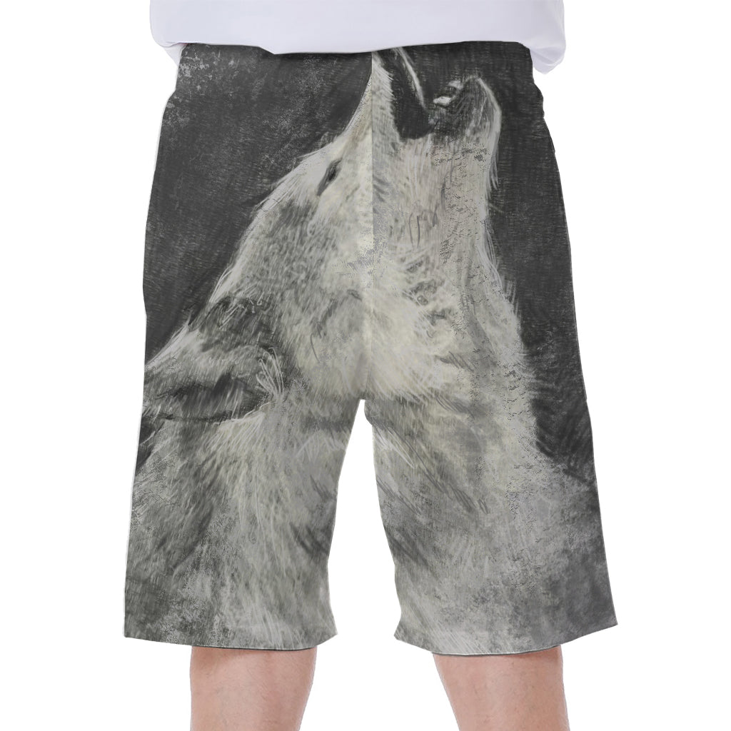 Monochrome Howling Wolf Print Men's Beach Shorts