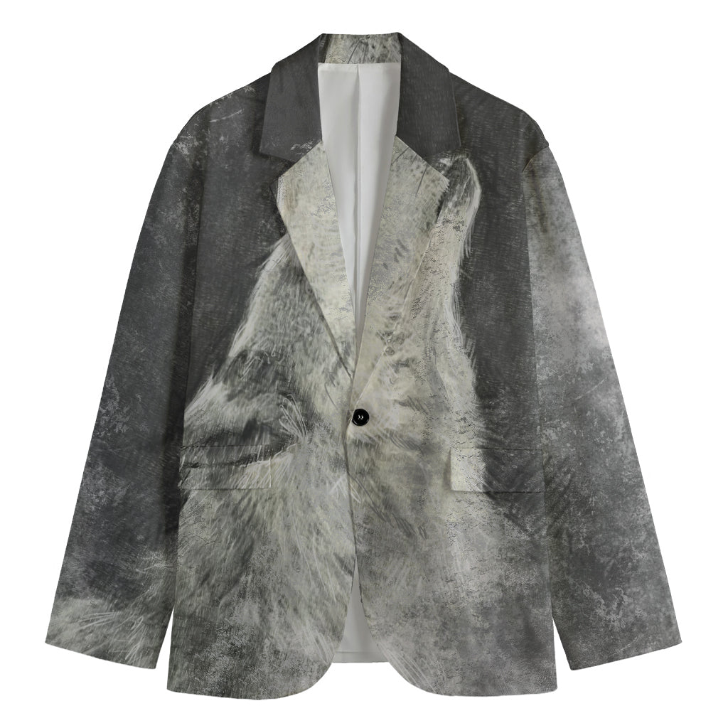 Monochrome Howling Wolf Print Men's Blazer