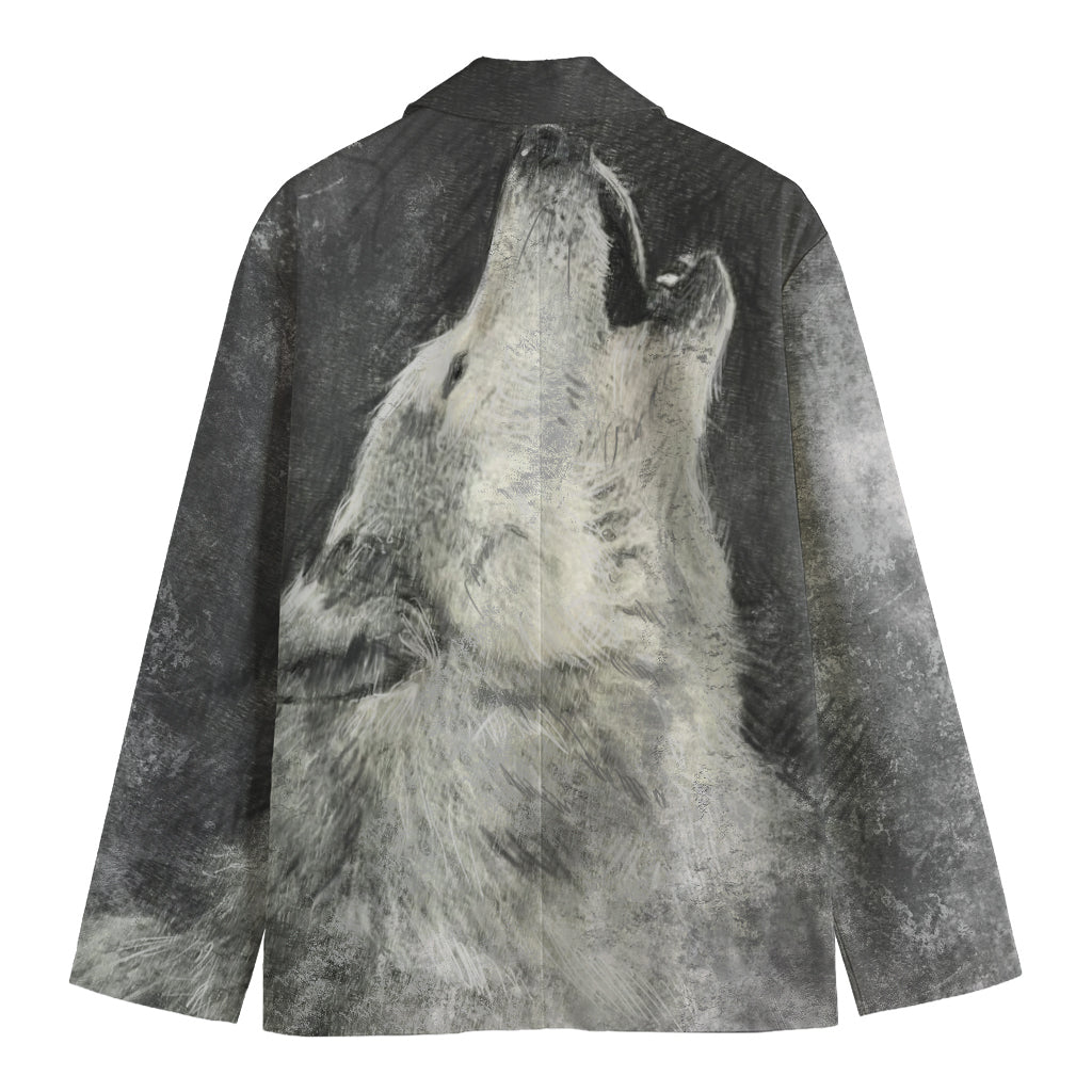 Monochrome Howling Wolf Print Men's Blazer