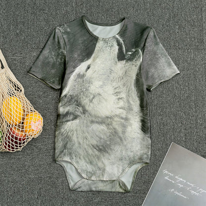 Monochrome Howling Wolf Print Men's Bodysuit