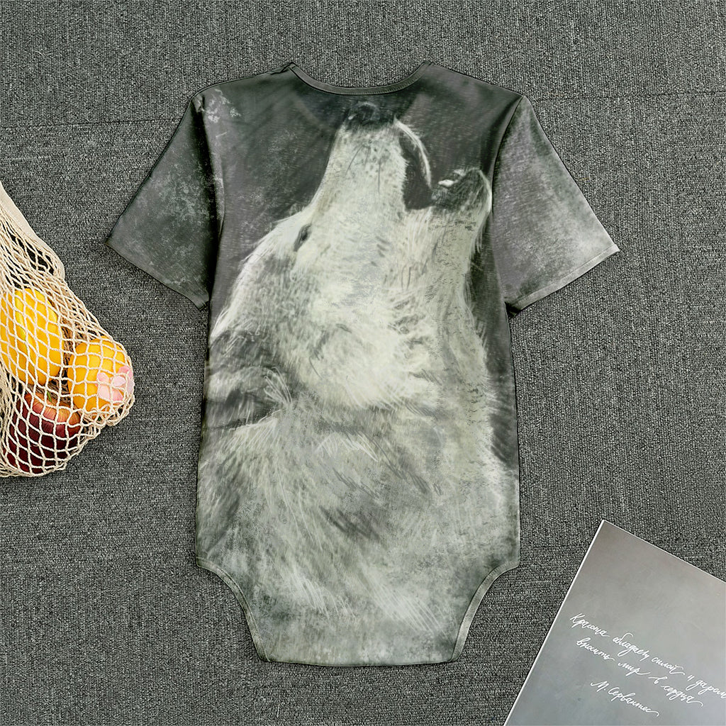 Monochrome Howling Wolf Print Men's Bodysuit