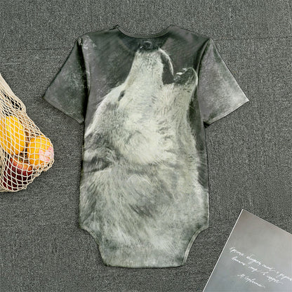 Monochrome Howling Wolf Print Men's Bodysuit