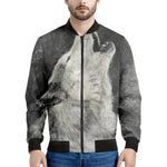 Monochrome Howling Wolf Print Men's Bomber Jacket