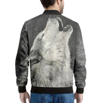 Monochrome Howling Wolf Print Men's Bomber Jacket