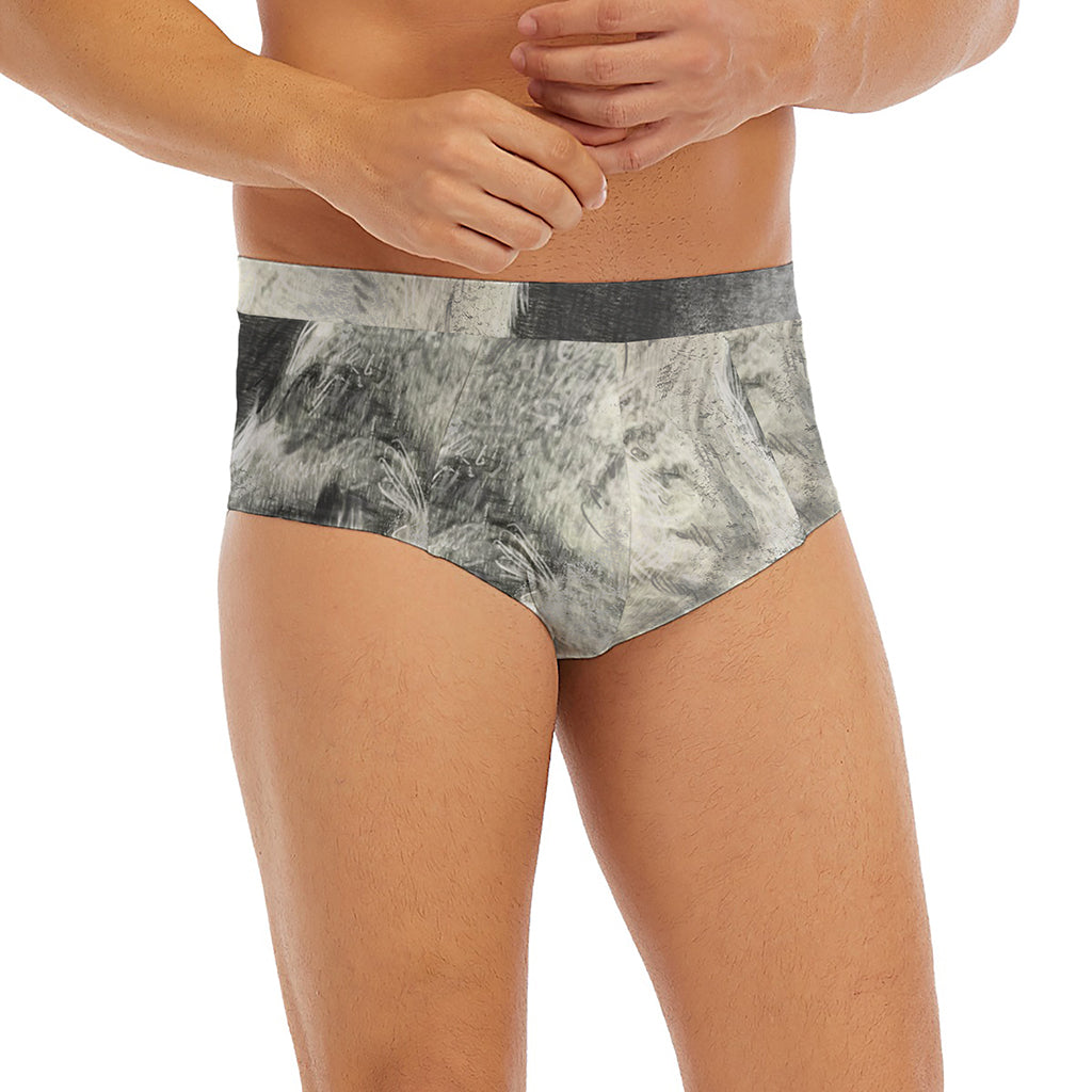 Monochrome Howling Wolf Print Men's Briefs