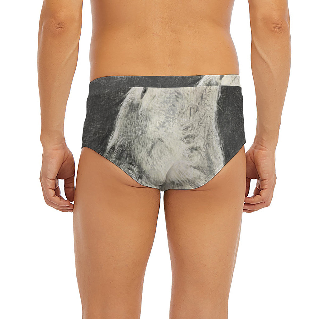 Monochrome Howling Wolf Print Men's Briefs