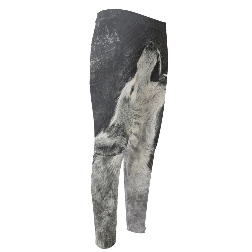 Monochrome Howling Wolf Print Men's Compression Pants