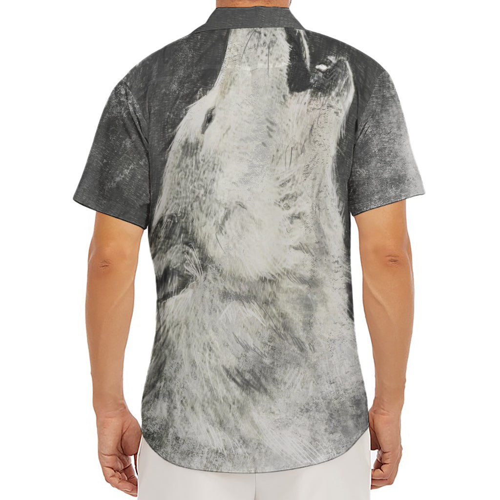Monochrome Howling Wolf Print Men's Deep V-Neck Shirt