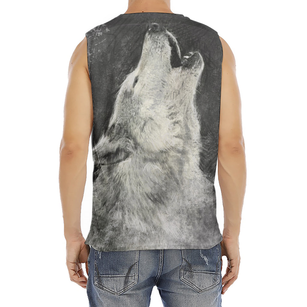 Monochrome Howling Wolf Print Men's Fitness Tank Top
