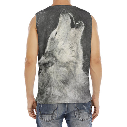 Monochrome Howling Wolf Print Men's Fitness Tank Top