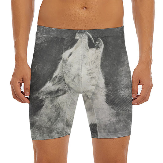 Monochrome Howling Wolf Print Men's Long Boxer Briefs