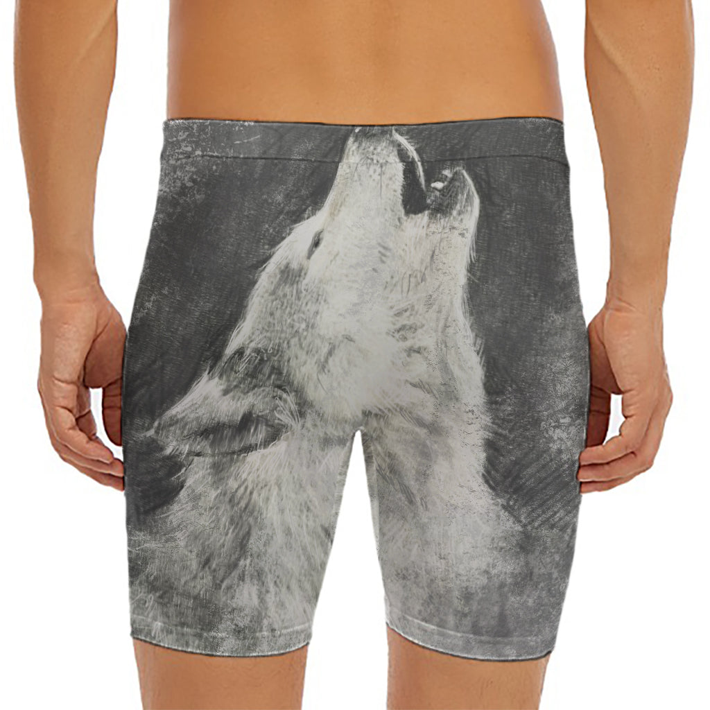 Monochrome Howling Wolf Print Men's Long Boxer Briefs