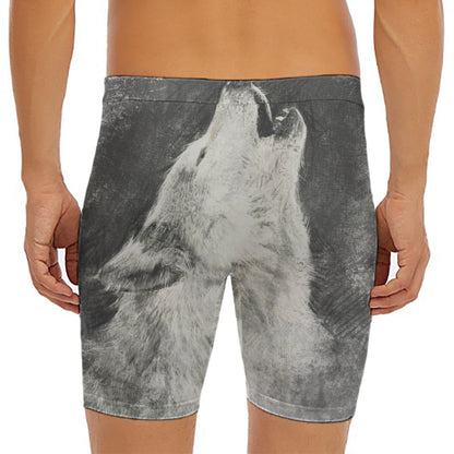 Monochrome Howling Wolf Print Men's Long Boxer Briefs