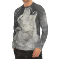 Monochrome Howling Wolf Print Men's Long Sleeve Rash Guard