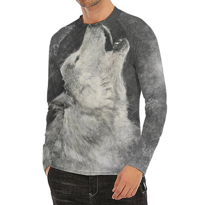 Monochrome Howling Wolf Print Men's Long Sleeve Rash Guard