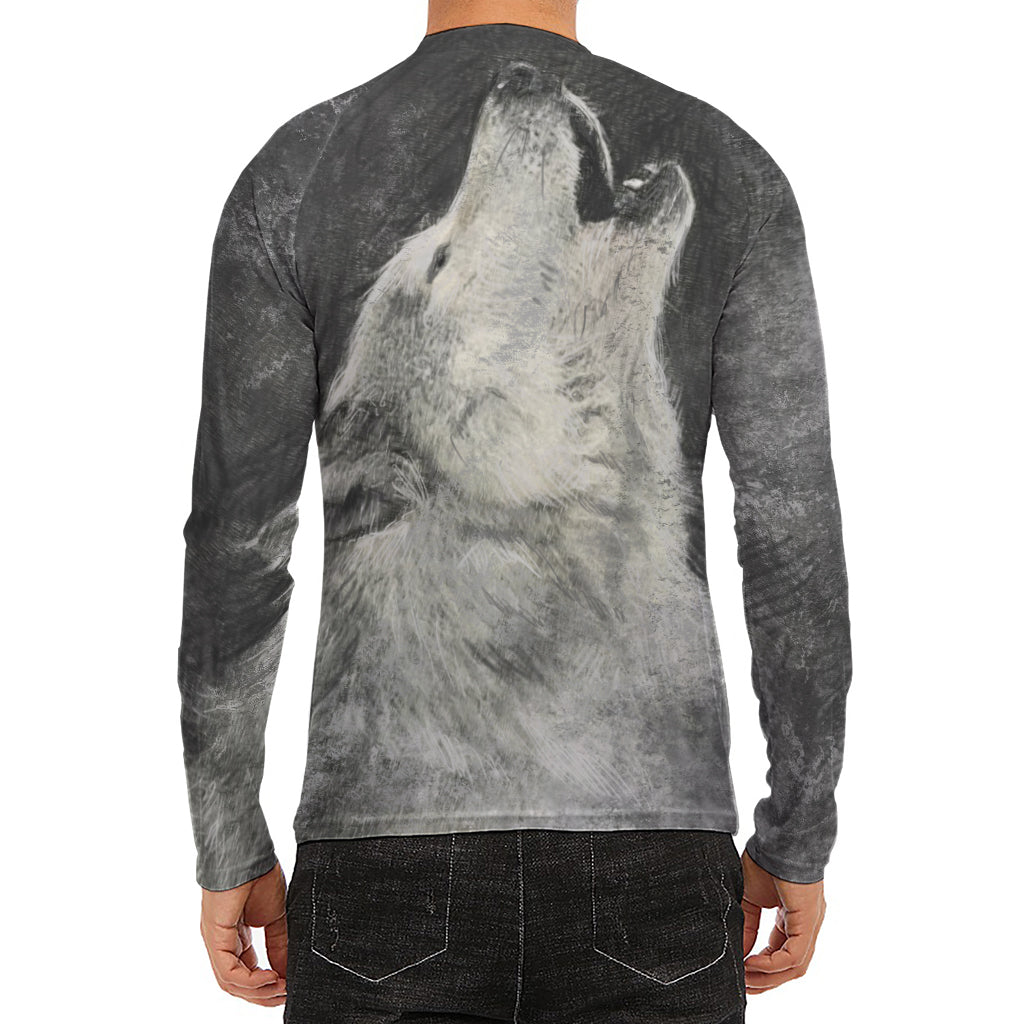 Monochrome Howling Wolf Print Men's Long Sleeve Rash Guard