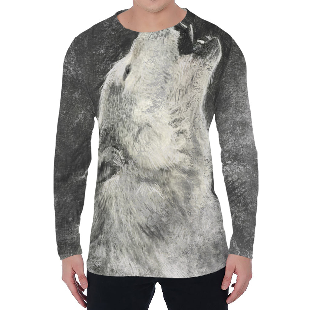 Monochrome Howling Wolf Print Men's Long Sleeve T-Shirt