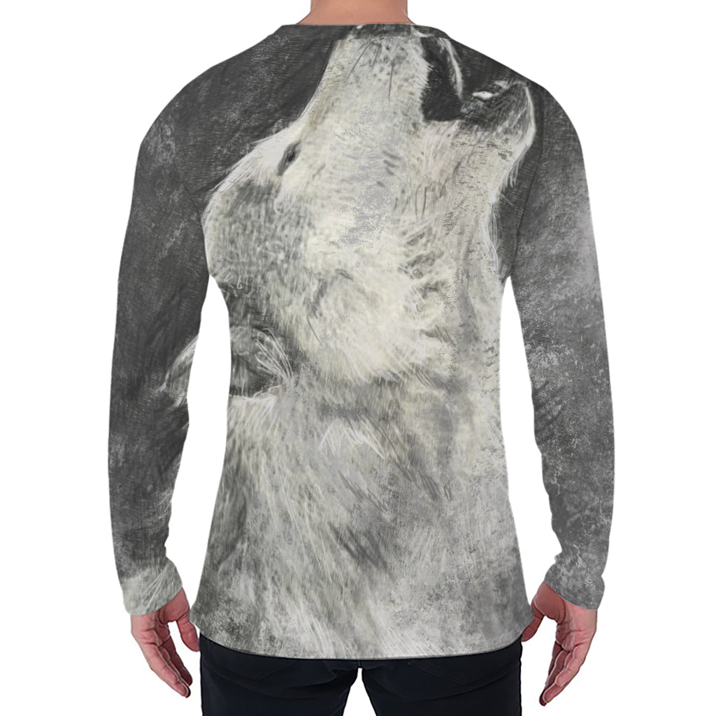 Monochrome Howling Wolf Print Men's Long Sleeve T-Shirt