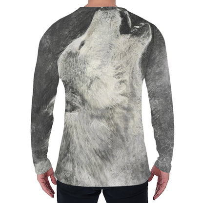 Monochrome Howling Wolf Print Men's Long Sleeve T-Shirt