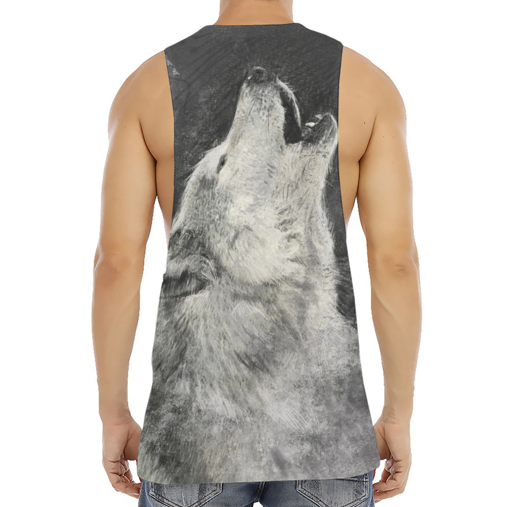 Monochrome Howling Wolf Print Men's Muscle Tank Top