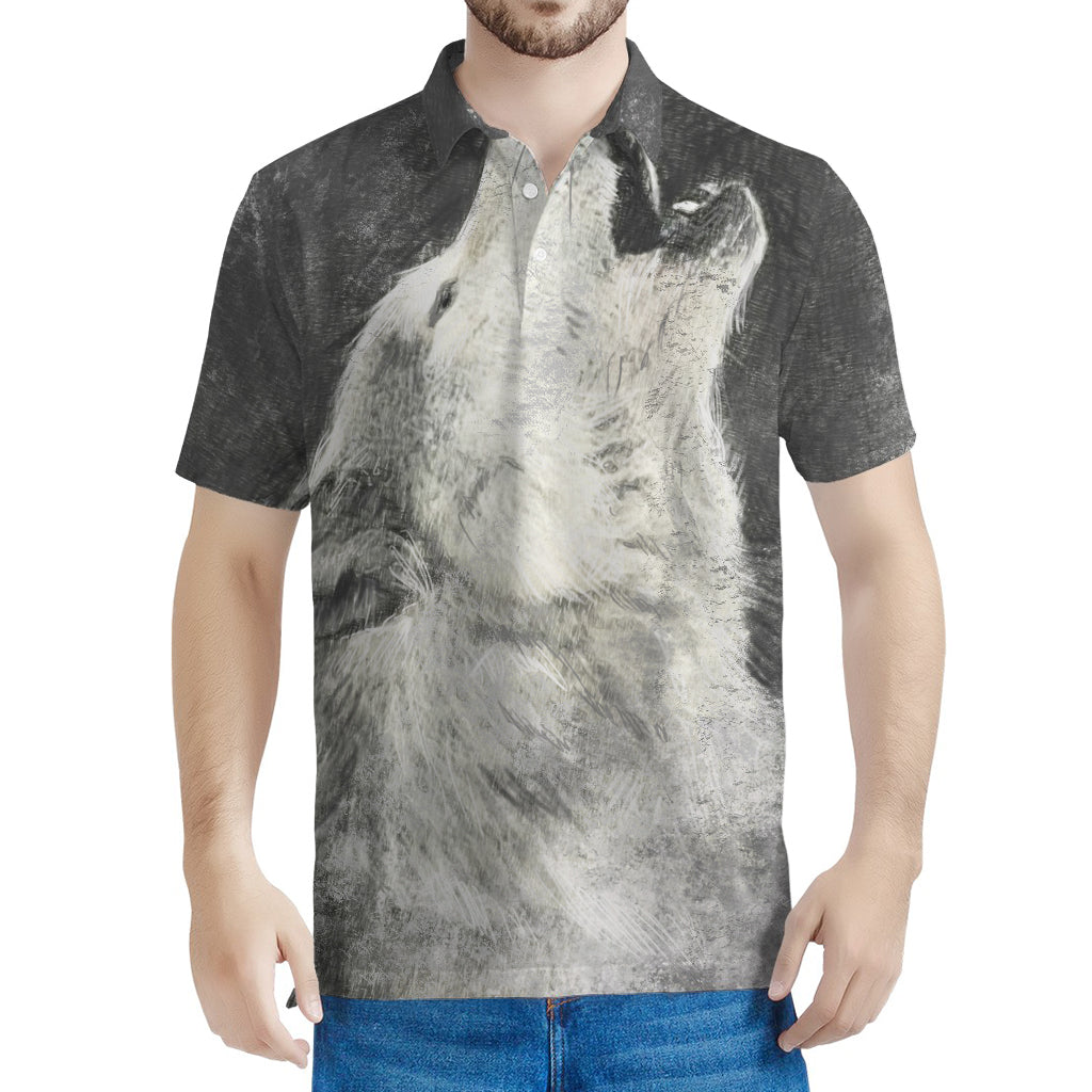 Monochrome Howling Wolf Print Men's Polo Shirt