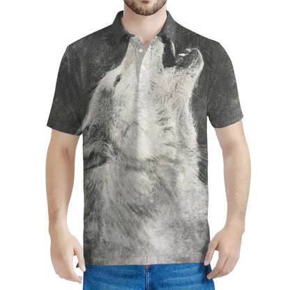 Monochrome Howling Wolf Print Men's Polo Shirt