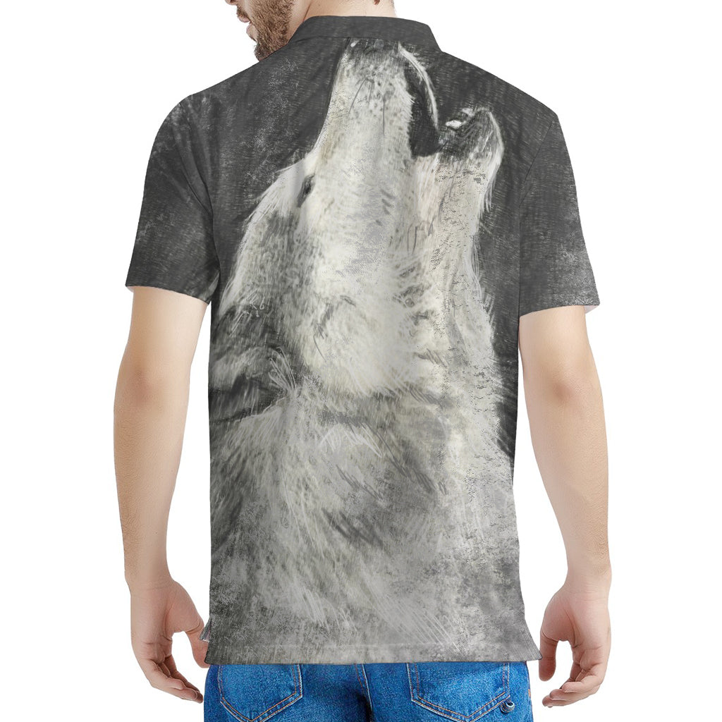 Monochrome Howling Wolf Print Men's Polo Shirt