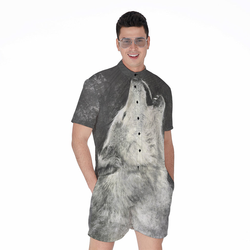 Monochrome Howling Wolf Print Men's Rompers