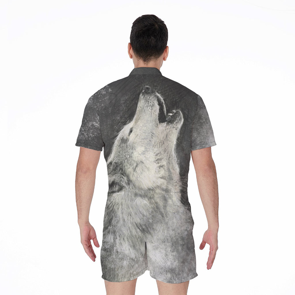 Monochrome Howling Wolf Print Men's Rompers
