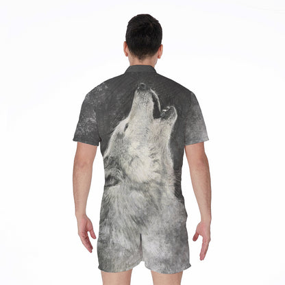 Monochrome Howling Wolf Print Men's Rompers