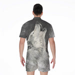Monochrome Howling Wolf Print Men's Rompers
