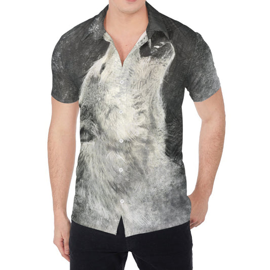 Monochrome Howling Wolf Print Men's Shirt