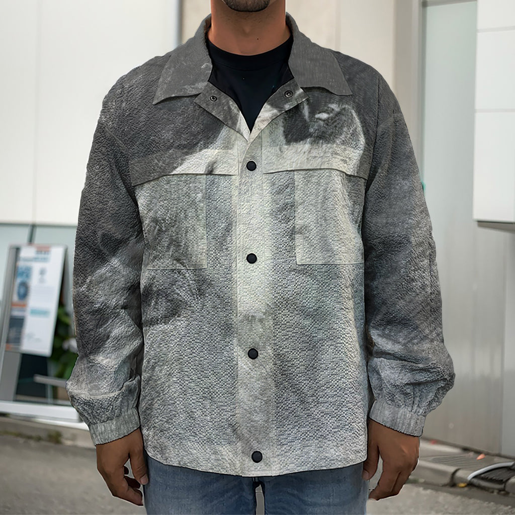 Monochrome Howling Wolf Print Men's Shirt Jacket