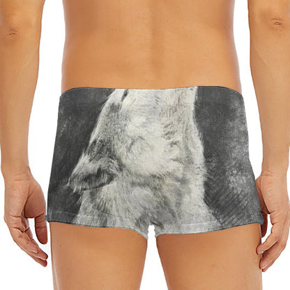 Monochrome Howling Wolf Print Men's Short Boxer Briefs