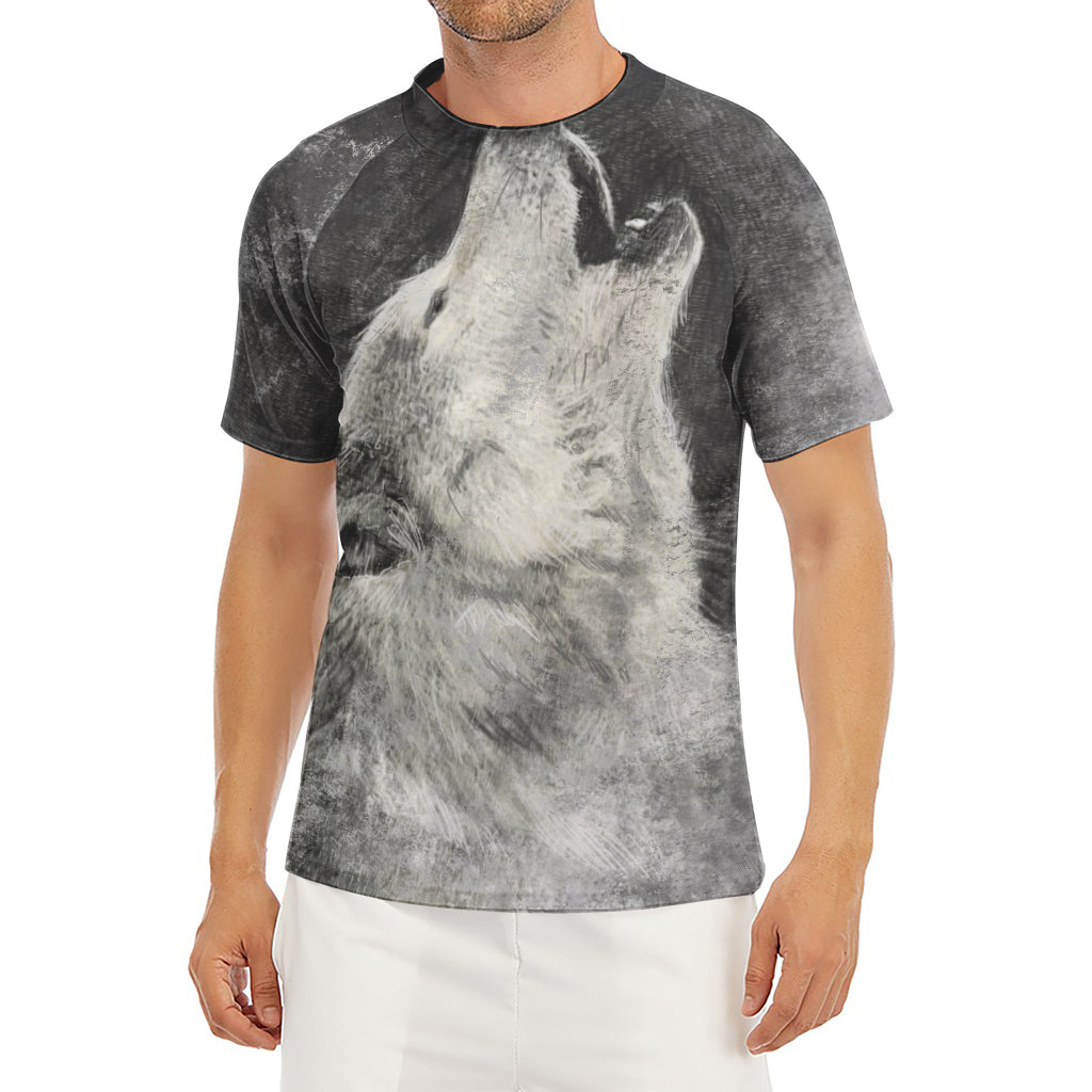 Monochrome Howling Wolf Print Men's Short Sleeve Rash Guard