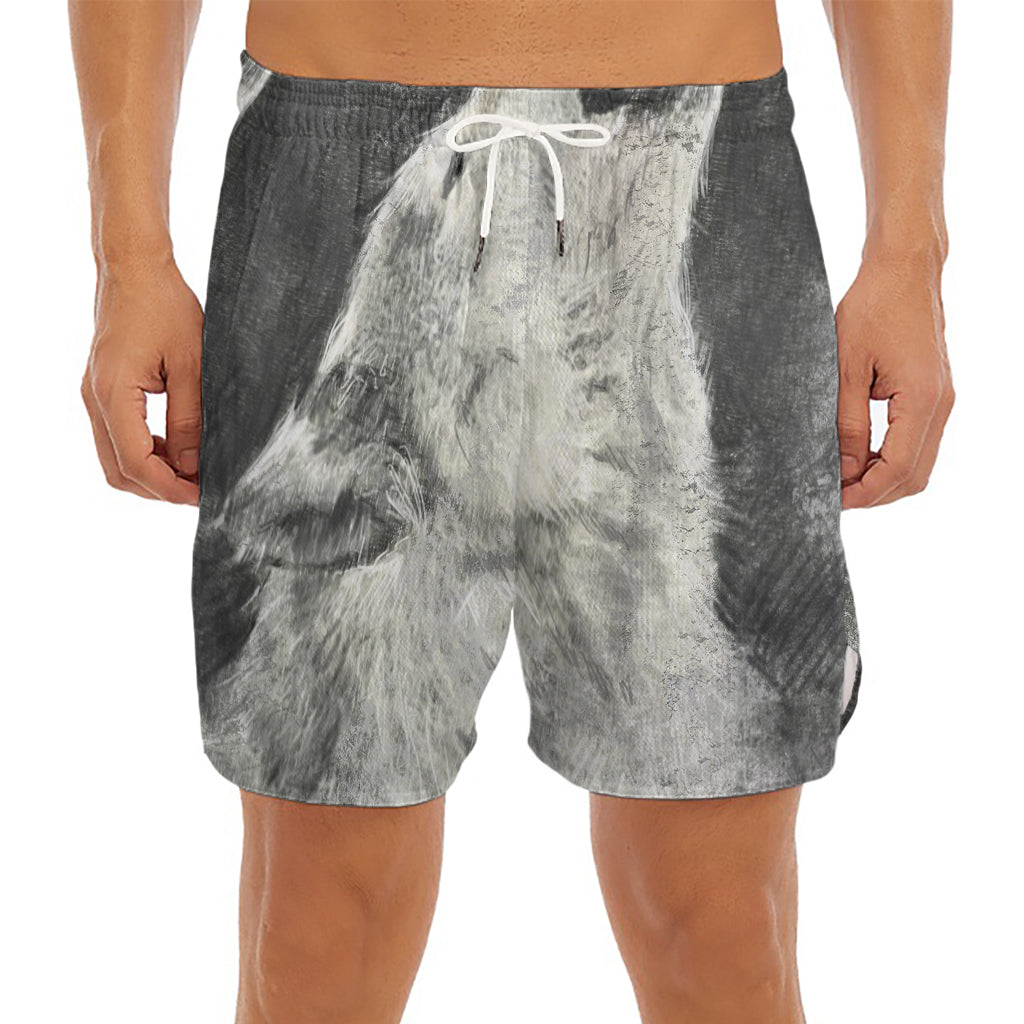 Monochrome Howling Wolf Print Men's Split Running Shorts