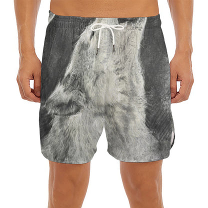 Monochrome Howling Wolf Print Men's Split Running Shorts