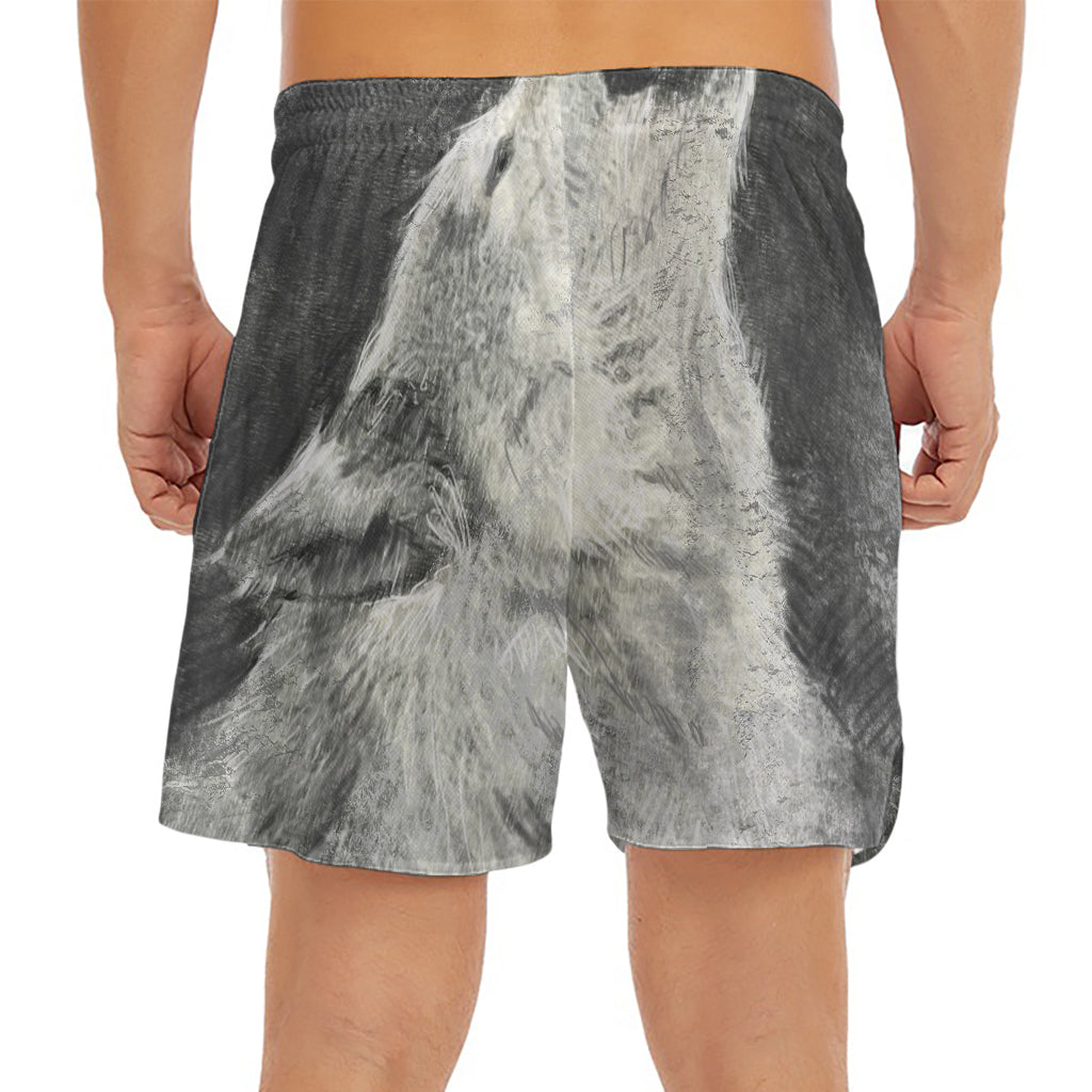 Monochrome Howling Wolf Print Men's Split Running Shorts