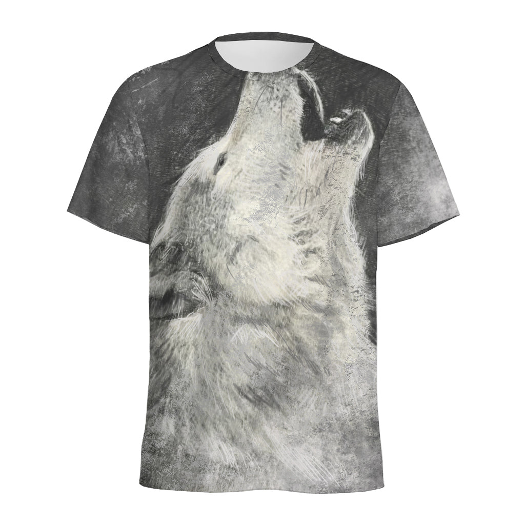 Monochrome Howling Wolf Print Men's Sports T-Shirt