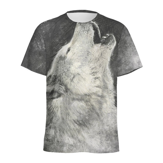 Monochrome Howling Wolf Print Men's Sports T-Shirt
