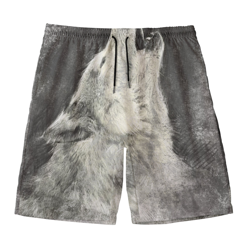 Monochrome Howling Wolf Print Men's Swim Trunks
