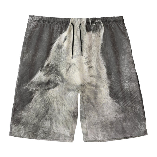Monochrome Howling Wolf Print Men's Swim Trunks
