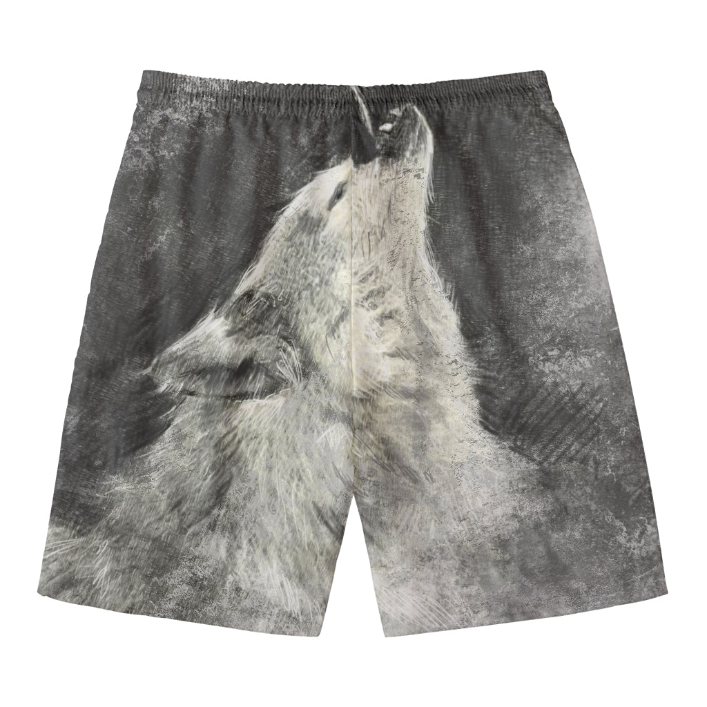 Monochrome Howling Wolf Print Men's Swim Trunks